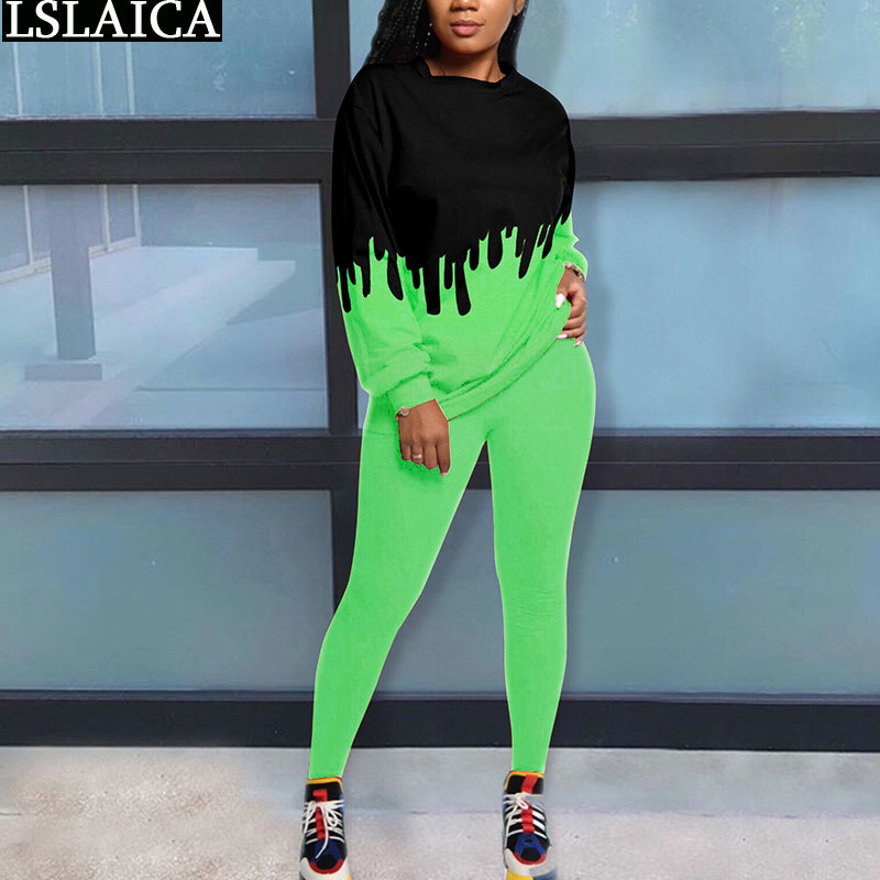 Casual Two Piece Outfits for Women Sets Streetwear Plus Size Pencil Pants Long Sleeve O Neck Tops Set Autumn Female Tracksuit 210520