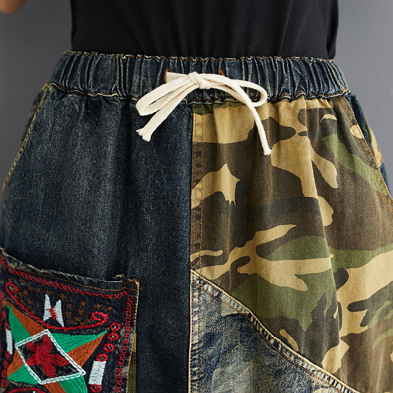 Spring Autumn Arts Style Women High Waist Loose Denim Skirt Patchwork Embroidery Vintage A-line Long S20 210512