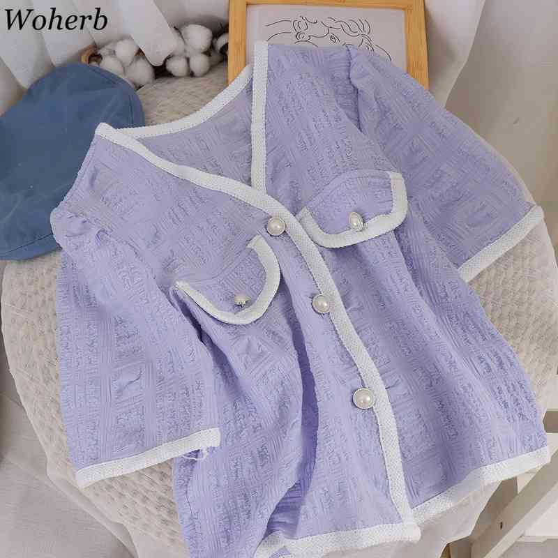 Summer Thin Blouse Women Shirts V Neck Short Loose Cardigan Tops Vintage Korean Chic Single Breasted Blusas Mujer 210519