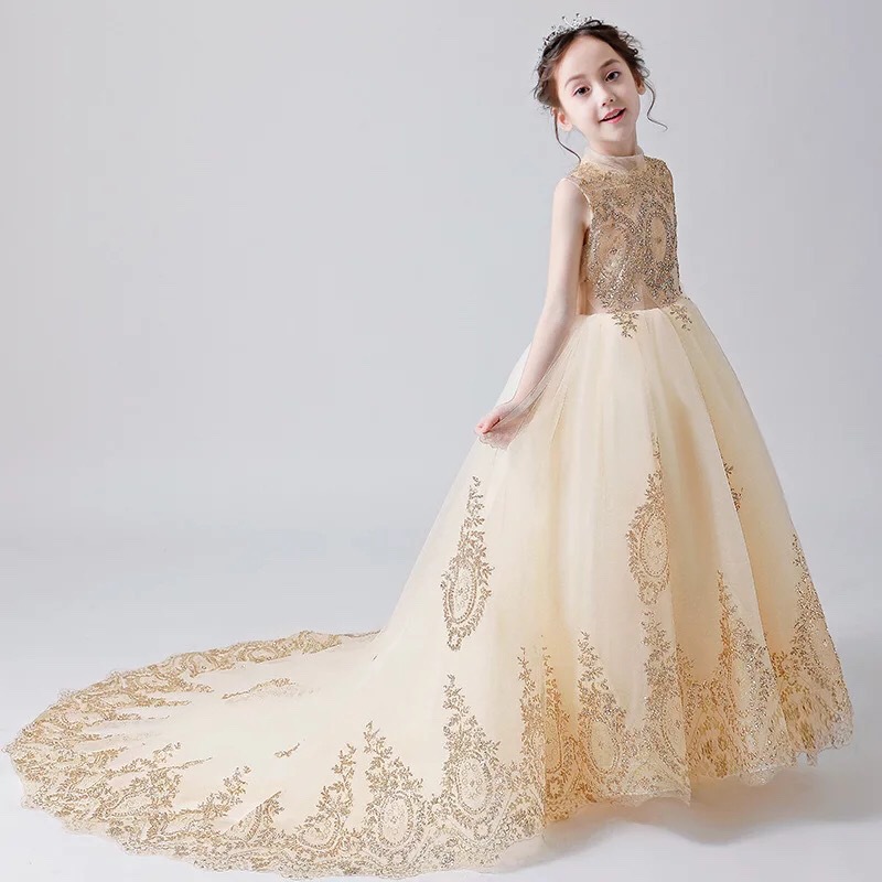 2021 Cheap Blush Gold Flower Girls Dresses Long Sleeves for Weddings Lace Appliques Ball Gown Birthday Girl Communion Pageant Gowns