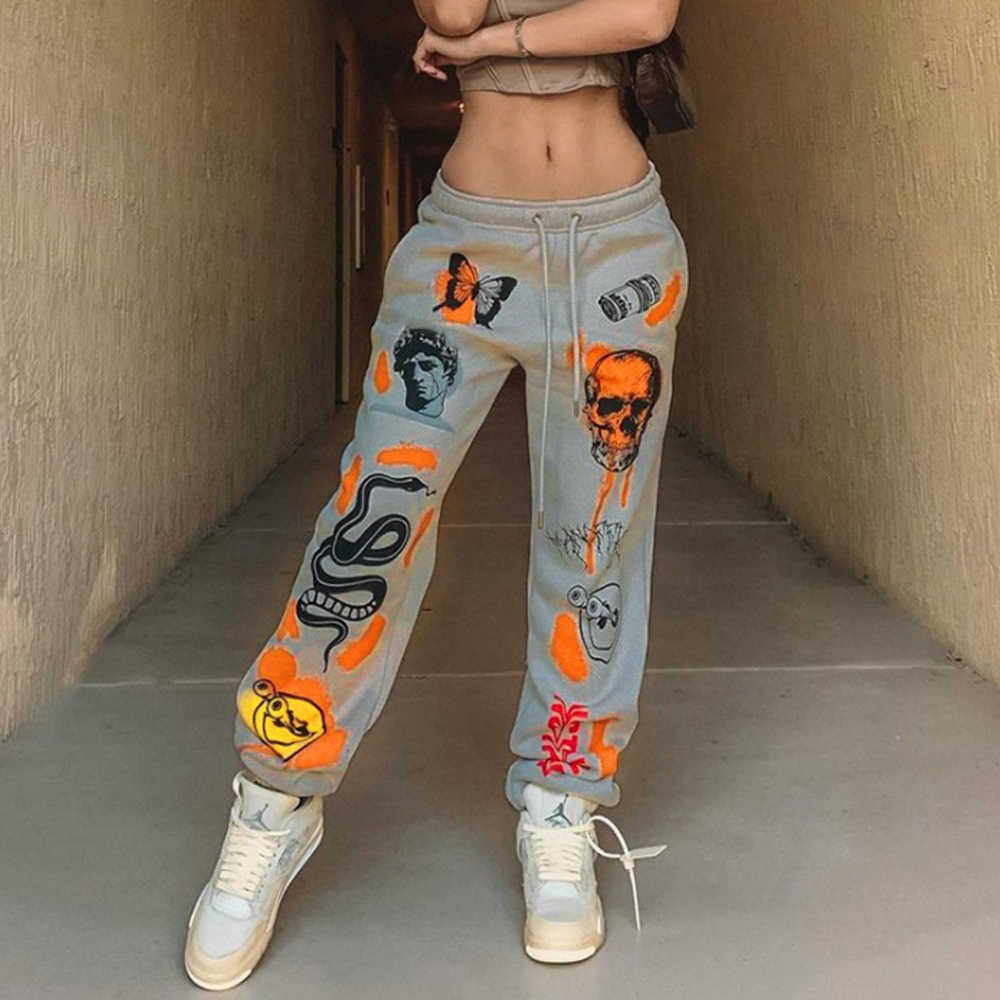 Women Sweat Harajuku Butterfly Skull Printed Trousers Jogger Drawstring Cargo Pant Loose Streetwear Casual Sweatpant Autumn 211006 Z260314