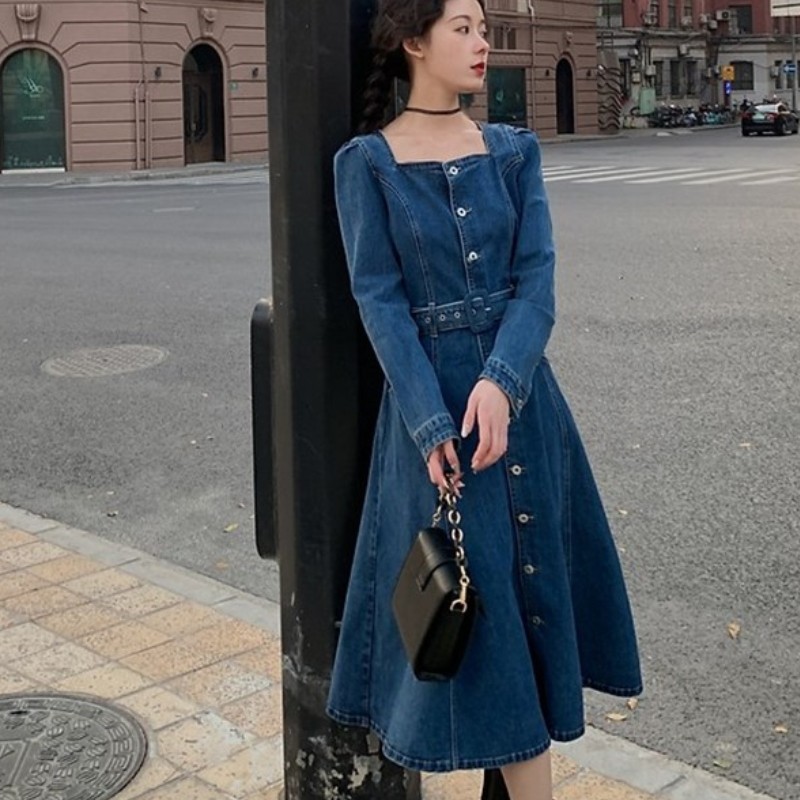 Denim Dress Women Korean Spring Temperament Elegant Square Collar Retro Single-Breasted Casual Slim Long Vestidos 210519