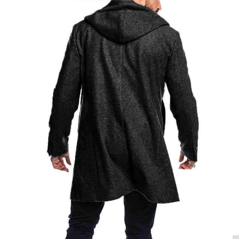 Riinr European and American Men Hooded Woolen Coat Men Double-breasted Long-sleeved Pocket Mid-length Trench Woolden Coat 211122