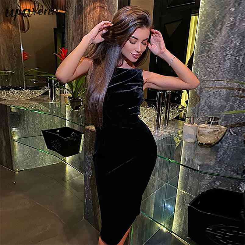 Free Women Black Velvet Dress O-Neck Sleeveless Bodycon Sexy Halter Fork Club Party Knee-Length Vestidos 210524