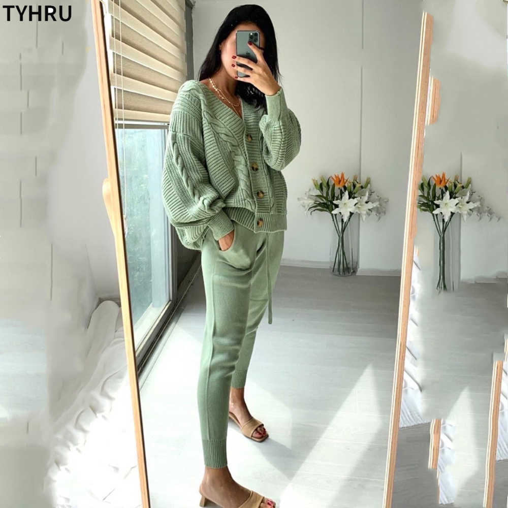TYHRU Women Knitting 2-pieces sweater Suit Hemp Flower V-neck Single-Breasted cardigan + Pants lady winter sweater Set 211007