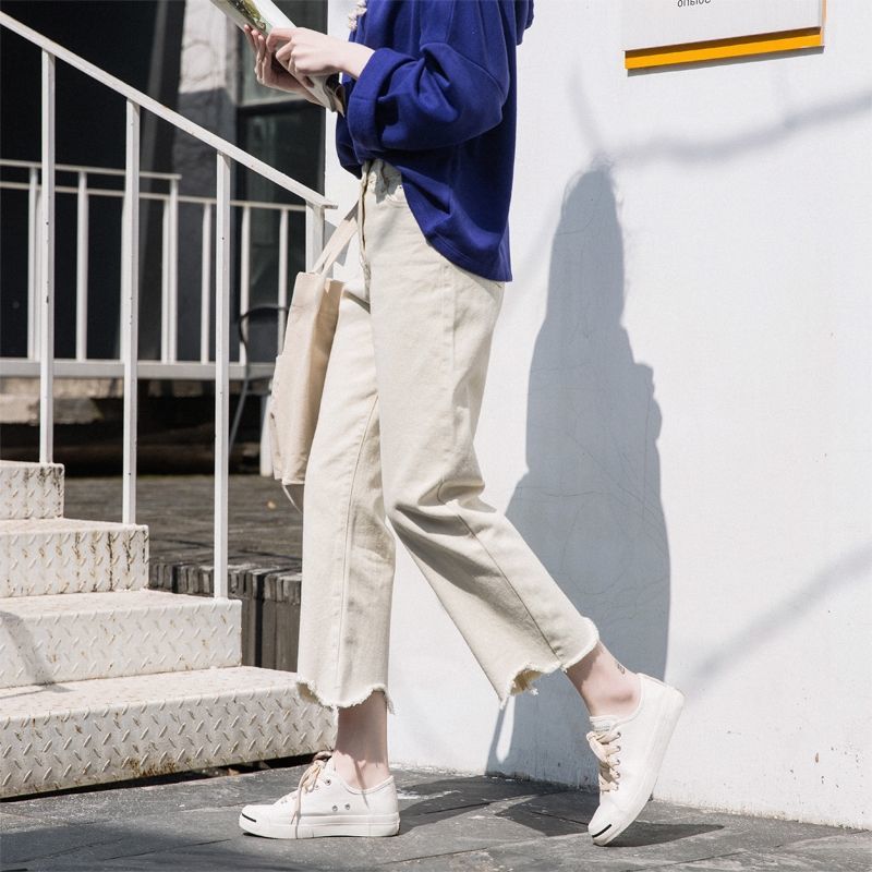 Spring Korea Fashion Women Jeans Irregularity Tassels High Waist Loose Straight Denim Pants Cotton black Wide Leg D170 210512