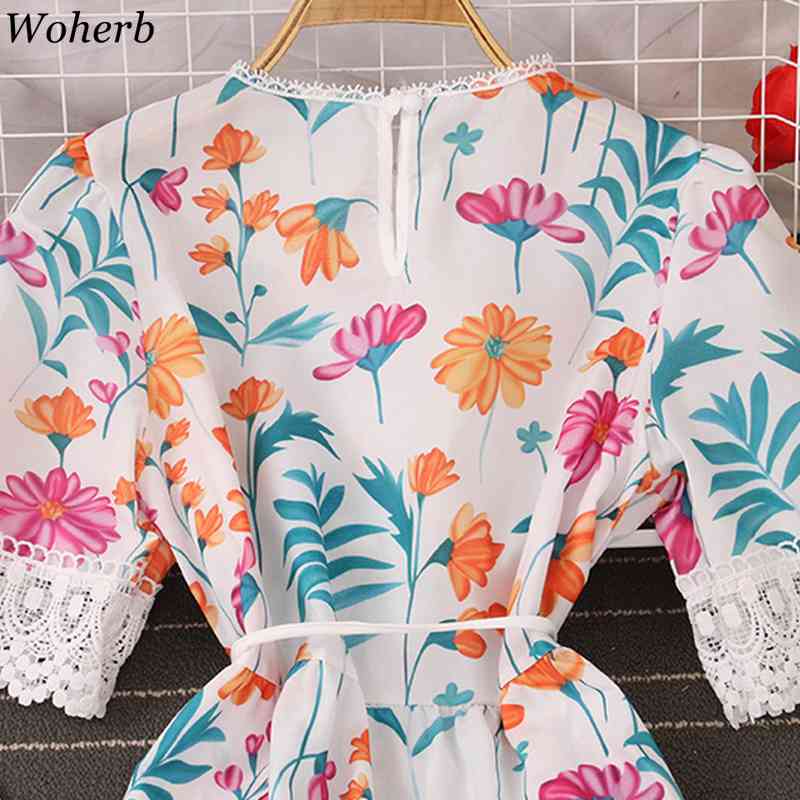 Women Beach Dress Summer Sexy Lace Hollow Out Vintage Floral Printed Dresses Woman Ruffle Long Robe Korean Chic 210519