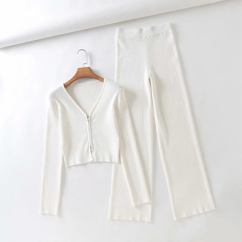 Wonder Women's Knitted Set Double Zipper Long Sleeve Cropped Top + Elastic High Waist Wide Leg Pants Outfits 210510