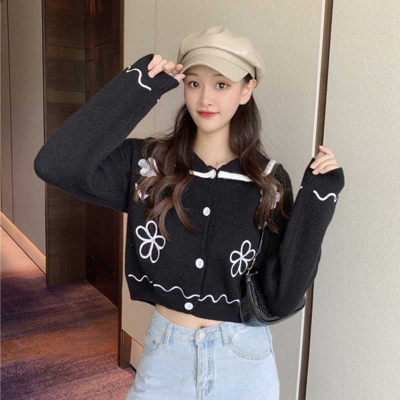 Nomikuma Autumn New Short Knitted Cardigan Jacket Korean Floral Long Sleeve Turn Down Collar Women Sweater Coat 6B999 210427
