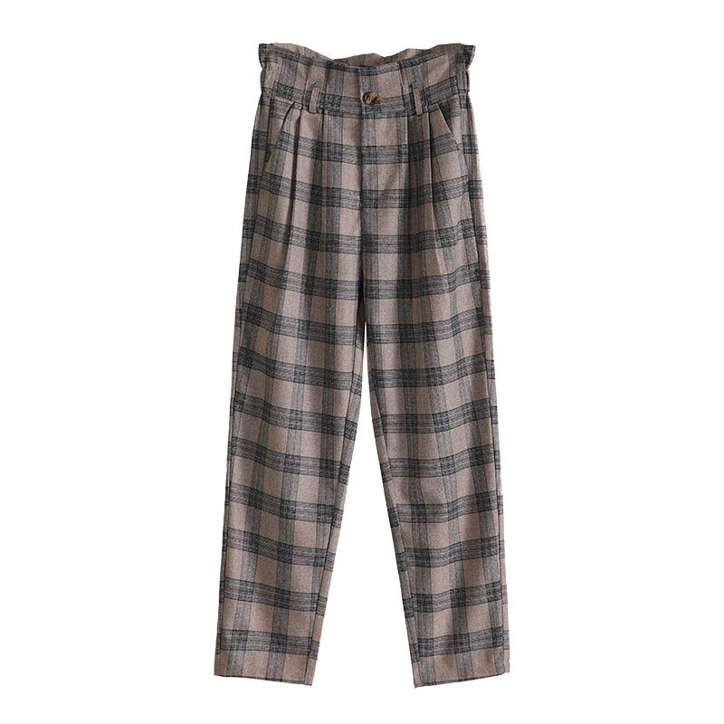 Autumn Korea Fashion Women High Waist Loose Trausers All-matched Casual Vintage Plaid Pants Femme Harem Plus Size V15 210512