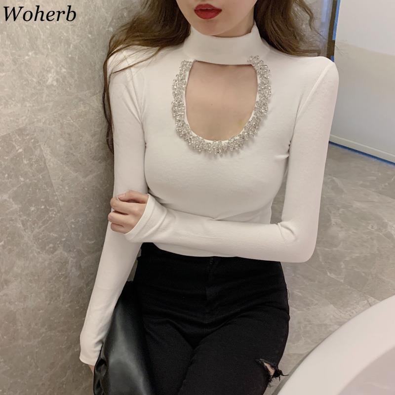 Neploe Sexy Lady Pullovers Heavy Beading Hollow Out Knitted Sweaters for Women Half Turtleneck Slim Long Sleeve Jumper Tops 210519