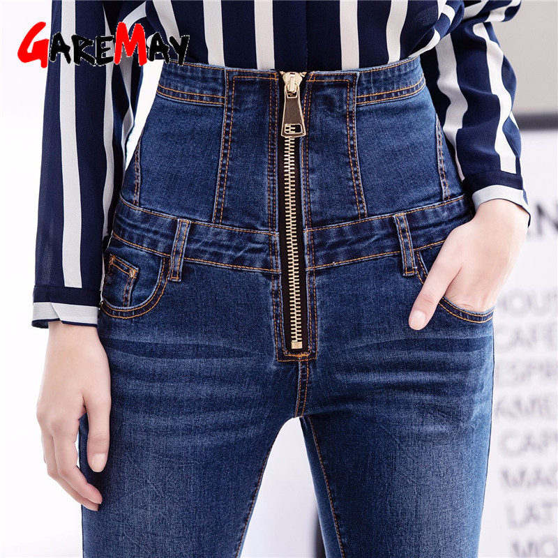Women's Jeans with Zipper High Waist Stretch Pants Skinny Warm Velvet Winter Ladies Trousers Female Slim Fit Mom Plus Size 210428