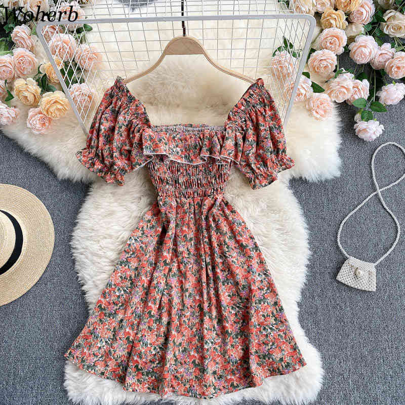 Summer Dress Flower Print Square Collar Elegant Dresses Vintage Puff Sleeve Ruffle Mini Korean Robe Vestidos 210519