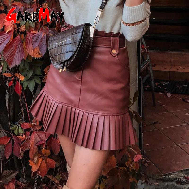 PU Leather Skirts for Women Autumn Winter Mini Skirt Female Pleated Ruffles Belt Black Red High Waist Fashion 210428