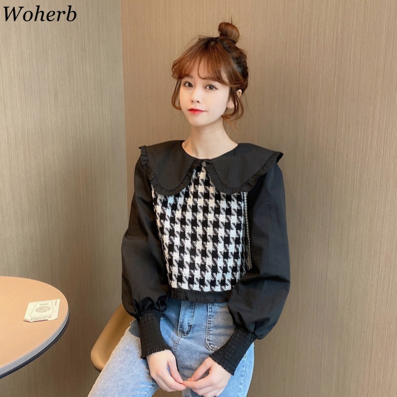 Sweet Plaid Blouse Women Peter Pan Collar Shirt Causal Long Sleeve Blouses Korean Spring Blusas Top 210519