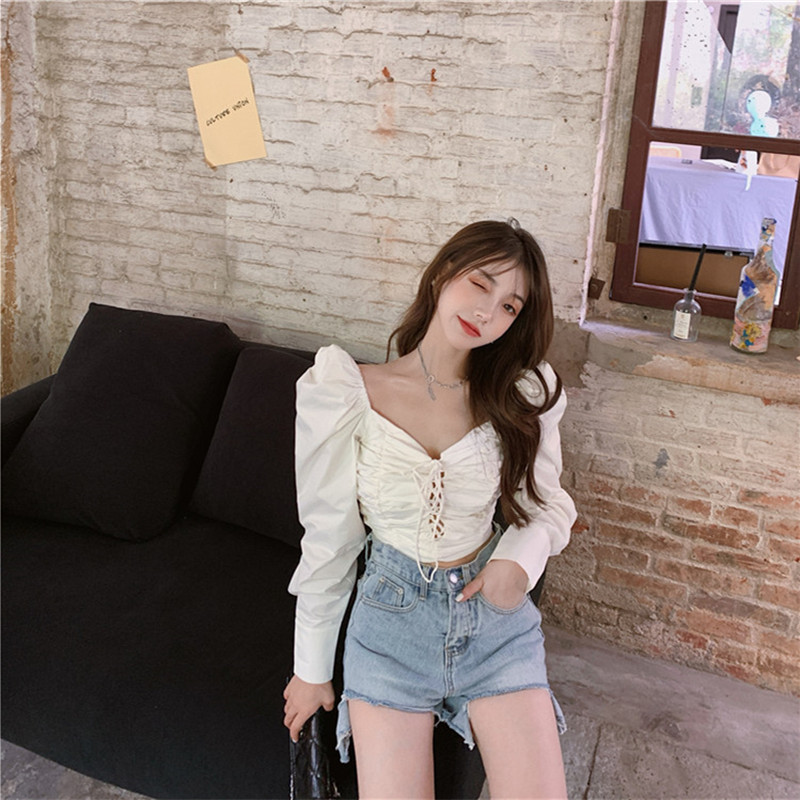 Nomikuma Sexy Slim Short Blouse Women Puff Long Sleeve V-neck Shirt Lace Up Korean Spring Blusas Mujer De Moda 6G020 210427