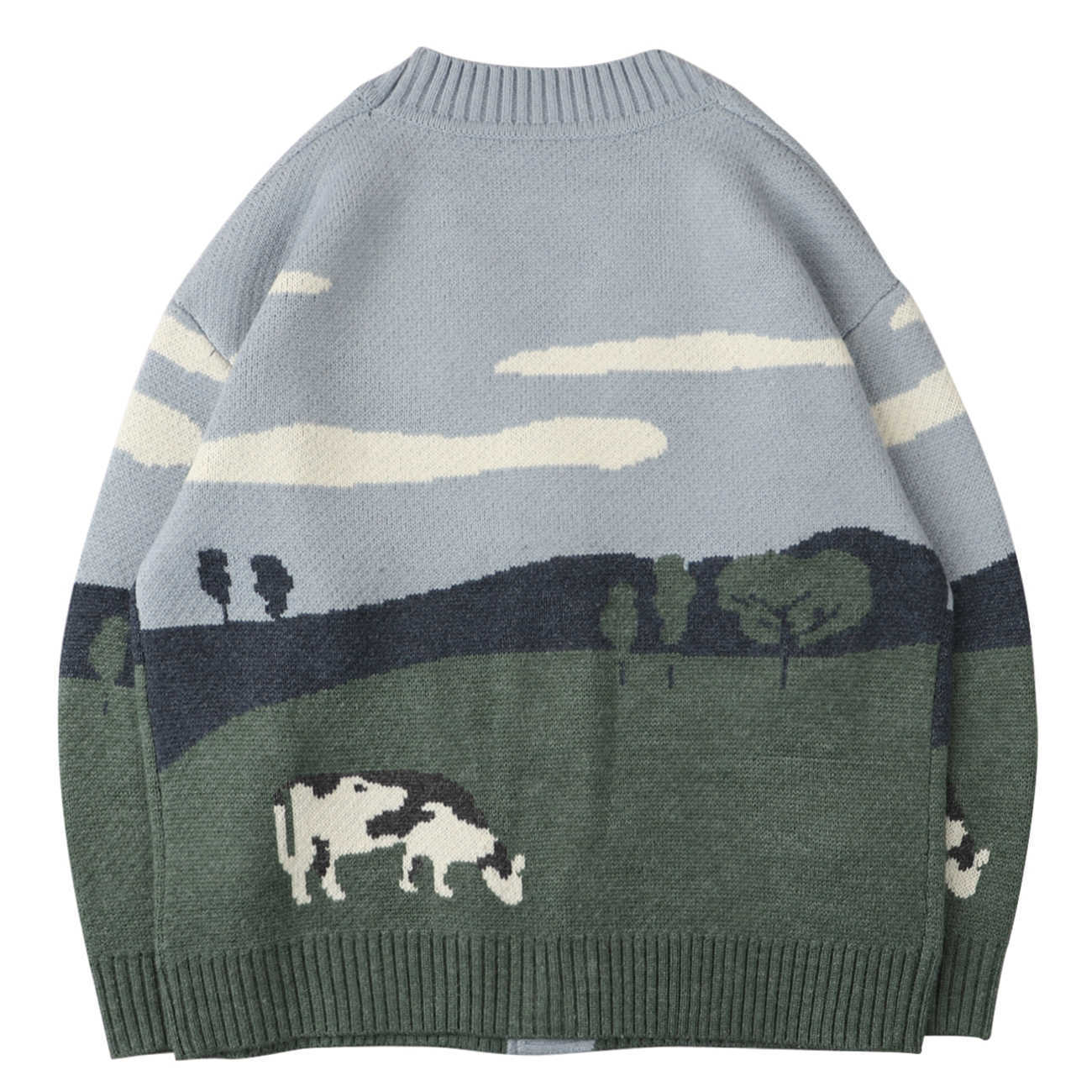 Oversize Streetwear Loose Cardigan Pullover Men Women Hip Hop Knitted Sweater Men Prairie Cow Pattern Harajuku Sweater 211008