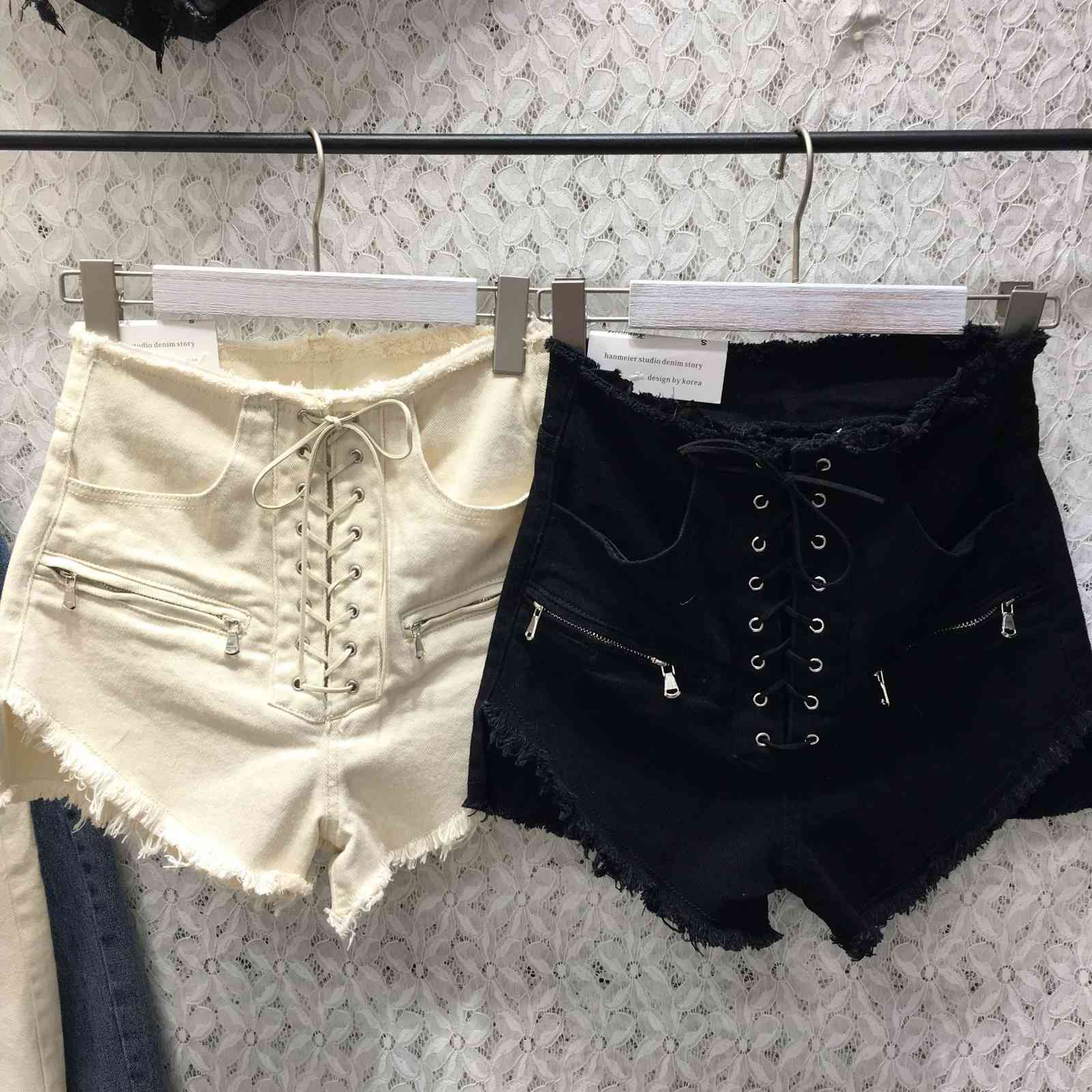 [DEAT] Solid High Waist Cross Bandage Zipper Rough Edge Jeans Short Hot Pants Streetwear New Fashion Tide Summer GX816 210428