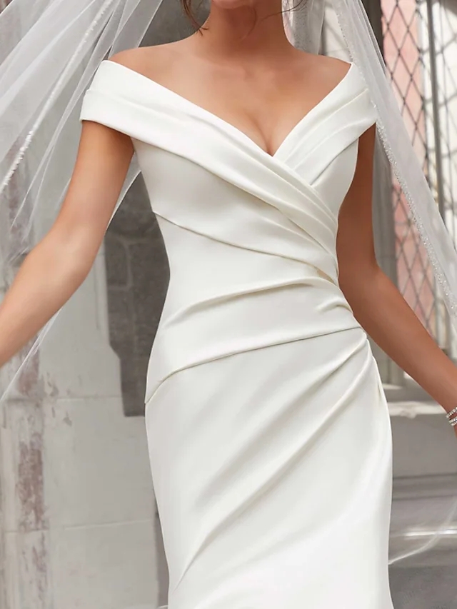 Simple New Mermaid Wedding Dresses Off Shoulder V-neck Ruched Draping Satin Bridal Gown Vestidos De Novia Custom Made 2022 robe de mariage