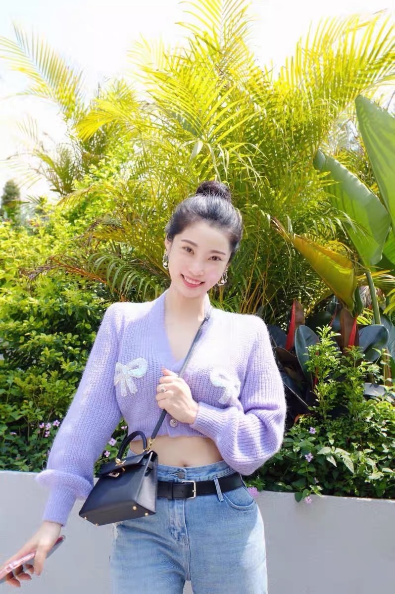 runway bow sequined single breasted short sexy streetwear purple lantern sleeve chic cardigan women top pull femme 210421