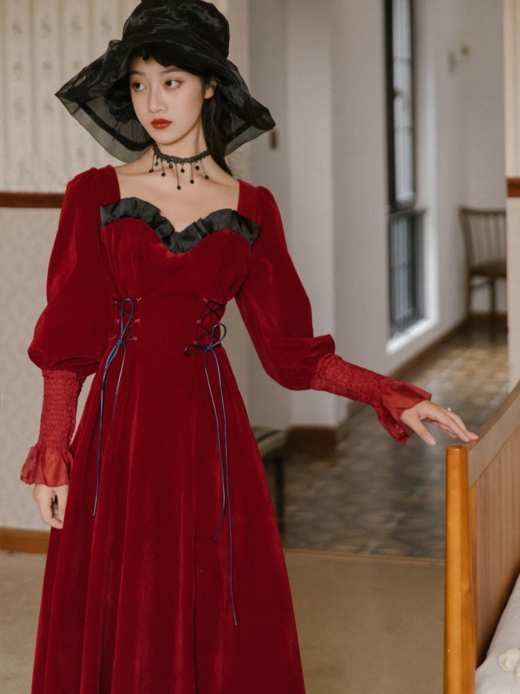 victorian square collar long sleeve elegant red autumn winter velvet midi dress for women ruched strawstring 210421