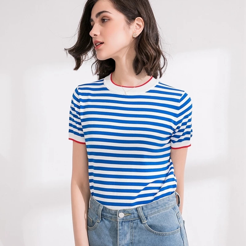 Warmsway Thin Knitted T Shirt Women Clothes Summer Woman Long Sleeve Tees Tops Striped Casual T-Shirt Female B-019 210406