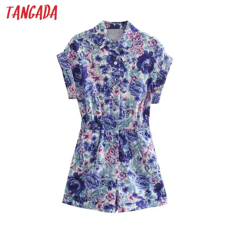 Women Chic Fashion Floral Print Playsuits Vintage Buttons Sleeve Female Short Jumpsuits 5Z91 210416