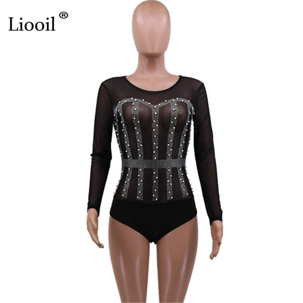Liooil Mesh Sheer Bodysuits Sexy Tight Body Suit Top Long Sleeve See Through Bodycon Rompers Diamond Jumpsuits 210622