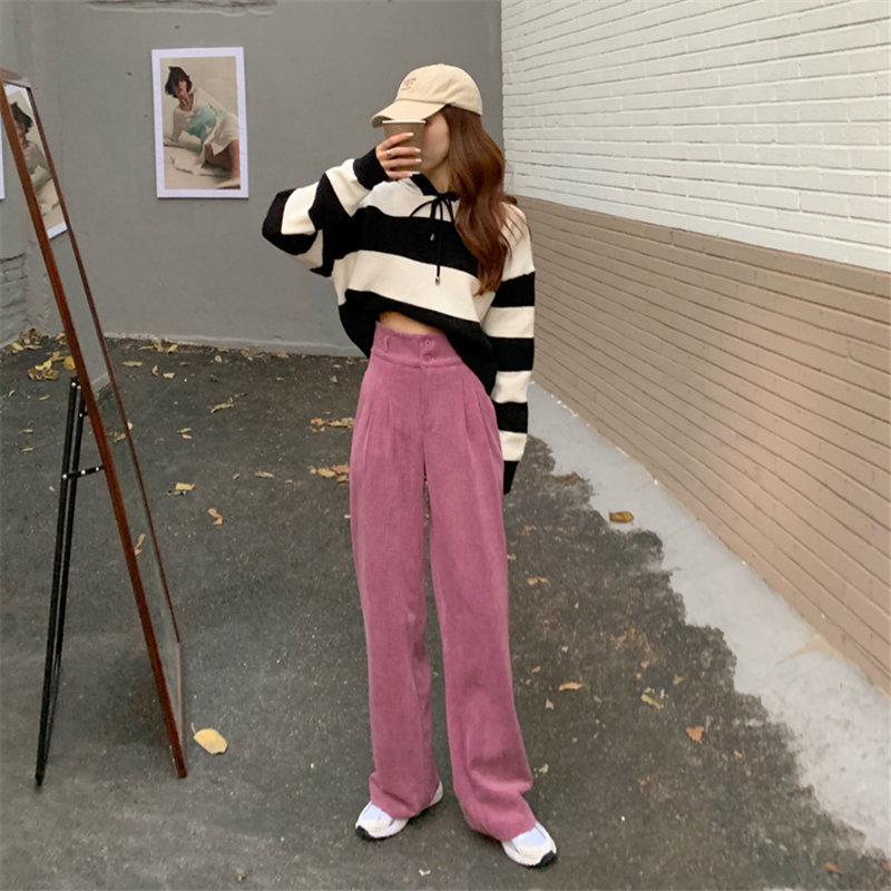 Pink Women Corduroy Bottom OL Solid Loose Thicken Straight High Waist Plus Size Chic Pants Casual Trousers Femme 210421