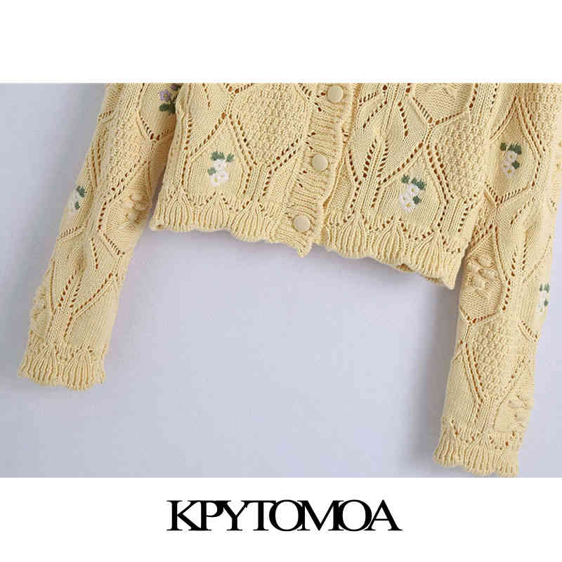 Women Fashion Floral Embroidery Cropped Knitted Cardigan Sweater Long Sleeve Female Outerwear Chic Tops 210420