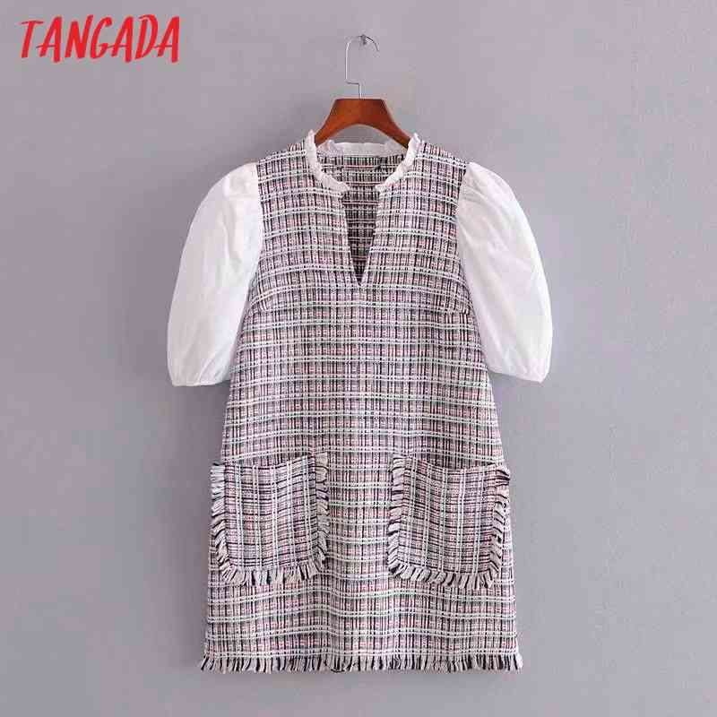 Women Plaid Tweed Puff Short Sleeve Ladies Mini Dress Vestidos 3H204 210416