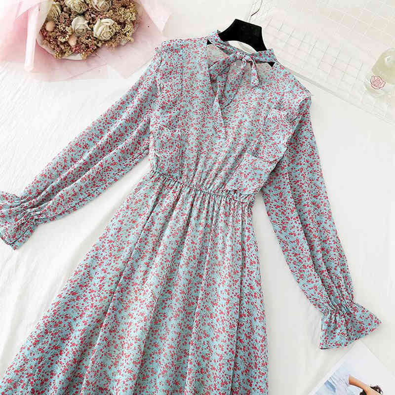 Floral Printing Women Chiffon Dress Spring Vintage V-neck Bow Ruffles Party Vestidos Female Casual Women Midi Dress 210521
