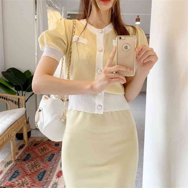 Fashion Korean Elegant Knitted 2 Pieces Sets Single Breasted Short Sleeve O-Neck Tops + High Waist Long Skirt Suit 210520
