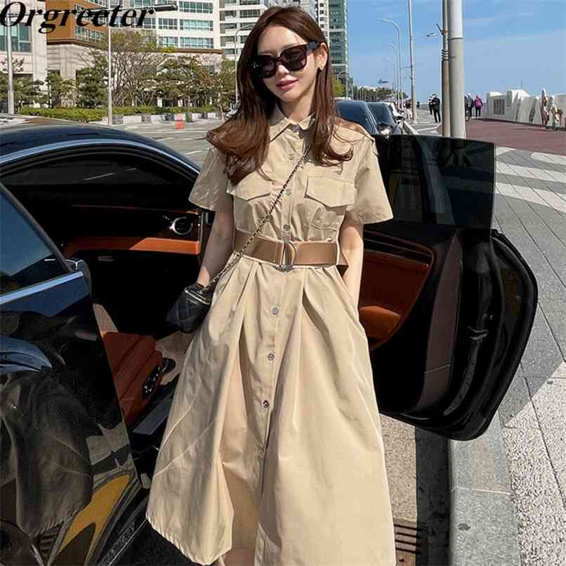 Vestidos De Mujer Femme England OL Fashion Simple Khaki Lapel Shirt Dress Women Summer Single-breasted Belt Mid Robe 210602
Vestidos De Mujer Femme England OL Fashion Simple Khaki Lapel Shirt Dress Women Summer Single-breasted Belt Mid Robe 210602