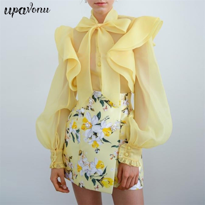 Lace Bow Tie Ruffle Puff Sleeve Long Single-breasted Perspective Top Ladies Yellow Shirt Tops Women Street Wear 210524
