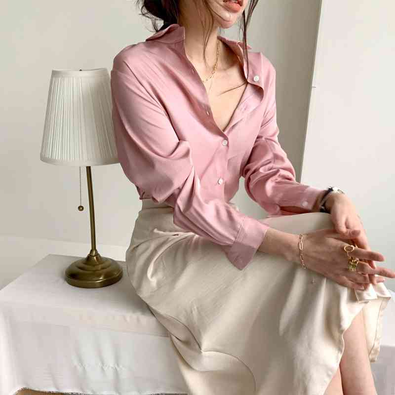 Wonder Elegant Stain Turn-down Collar Shirts OL Style Long Sleeve Single-breasted Female Blouse Top Korean Spring Blusas 210510