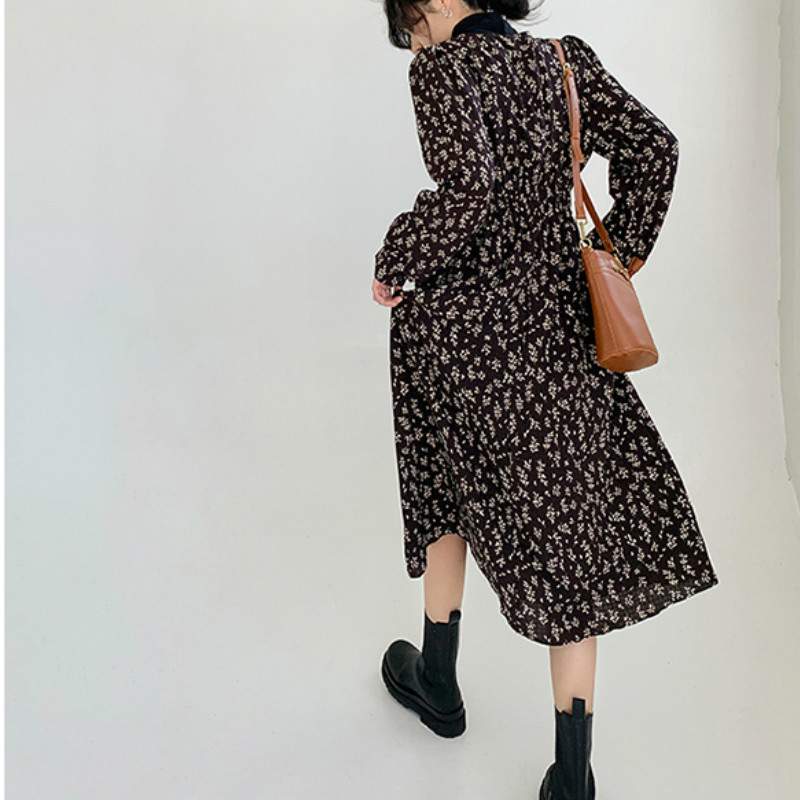 Women's O-Neck Floral Dresses Autumn Loose Slimming Mid-Length Full Sleeve Zipper Winter Bottoming Chiffon Dress Femee Vestidos 210514