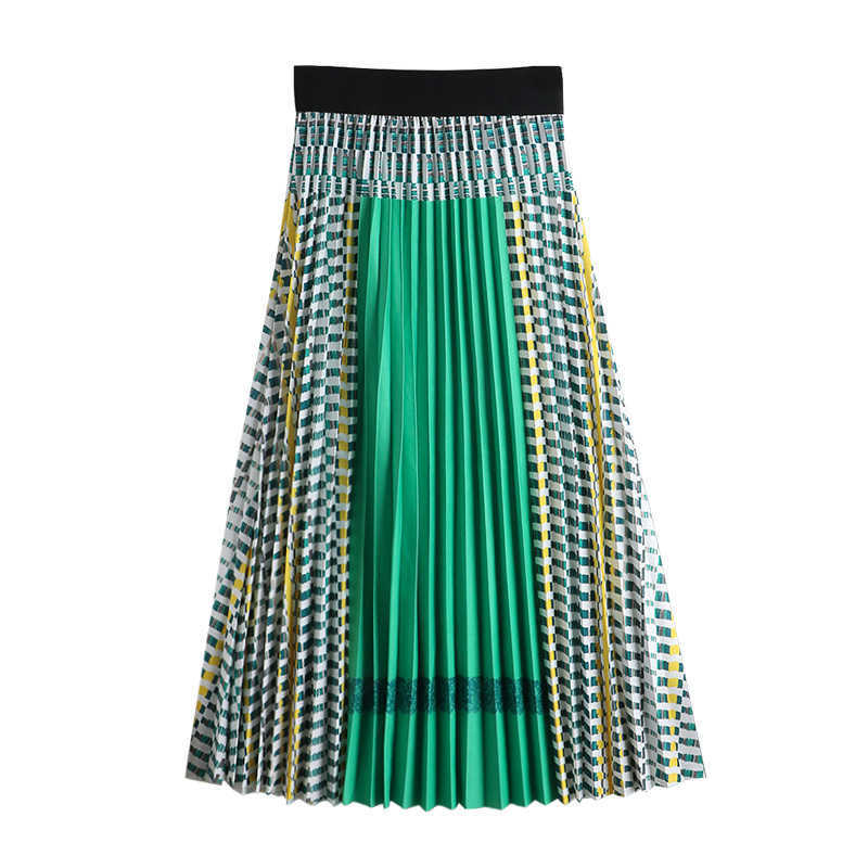 Spring Women Pleated Skirt Ladies Multicolor High Waist Contrast Color Autumn Casual Mid-calf Swing Long 210619