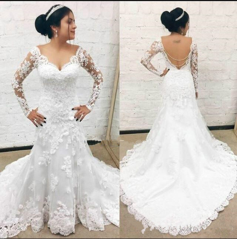 2021 Long Sleeves Backless Meramind Wedding Dress with Lace Appliques Sweep Train V-Neck Customized Bridal Gown