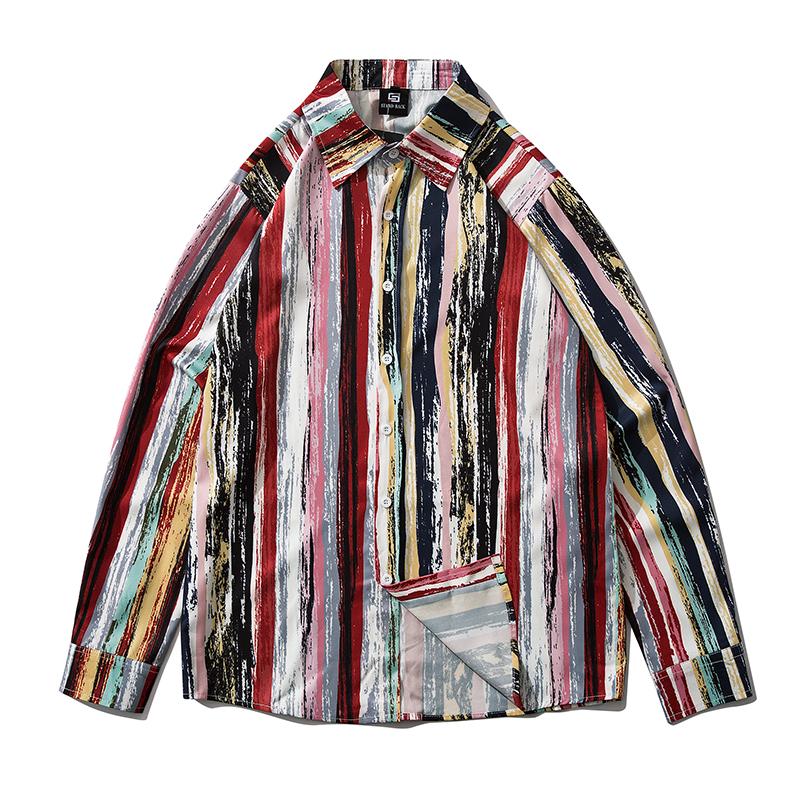 Autumn Men's Retro Striped Printed Shirt Casual Long-sleeved Hip-hop Loose Street Shirts