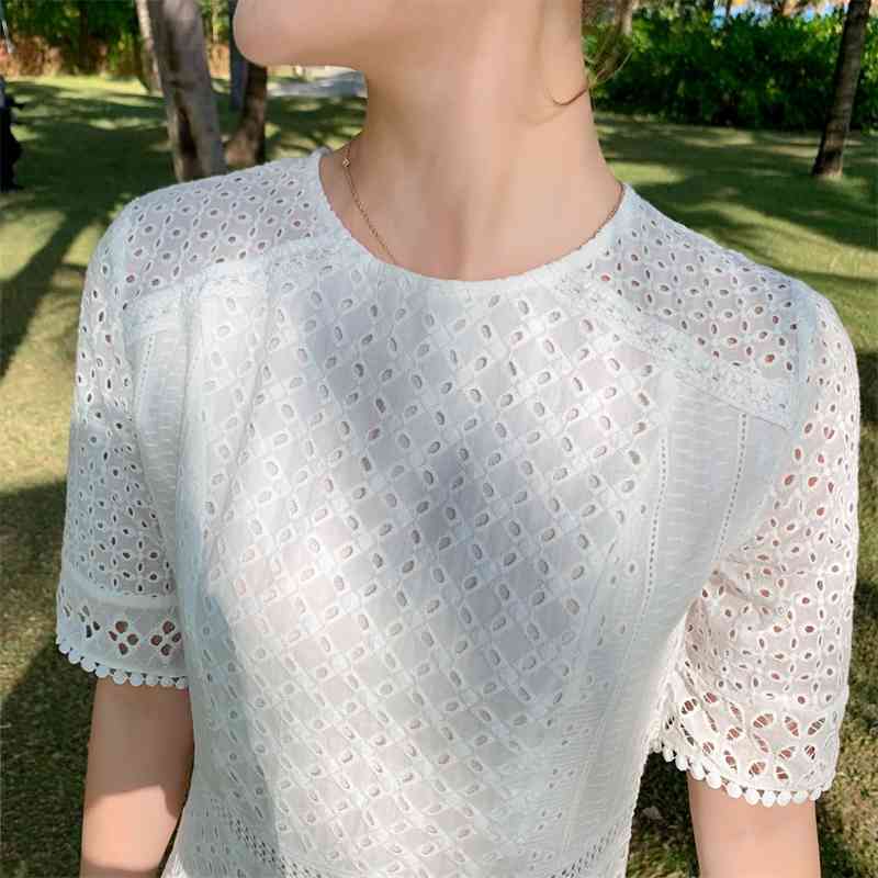 Lace Hollow Out Summer Dress Short Sleeve Long Dresses White Clothes For Full Women Vestidos 210520