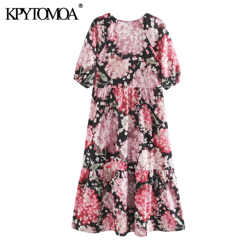 Women Chic Fashion Floral Print Pleated Midi Dress V Neck Puff Sleeve Female Dresses Vestidos Mujer 210420