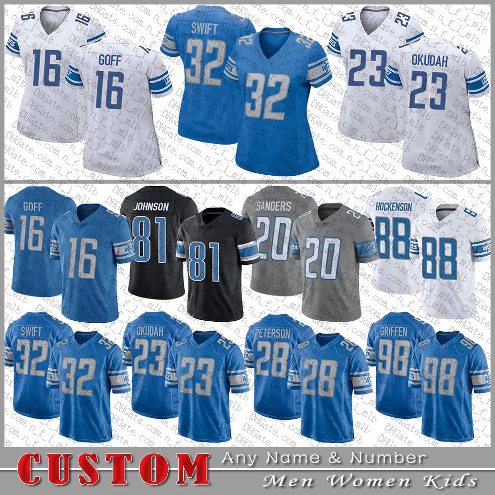 16 Jared Goff Football Jersey 23 Jeff Okudah 32 D'Andre Swift 88 T.J. Hockenson 20 Barry Sanders 28 Adrian Peterson 33 Kerryon Johnson Custom Men Women Kids Detroit Lion, Shown
16 Jared Goff Football Jersey 23 Jeff Okudah 32 D'Andre Swift 88 T.J. Hockenson 20 Barry Sanders 28 Adrian Peterson 33 Kerryon Johnson Custom Men Women Kids Detroit Lion, Shown