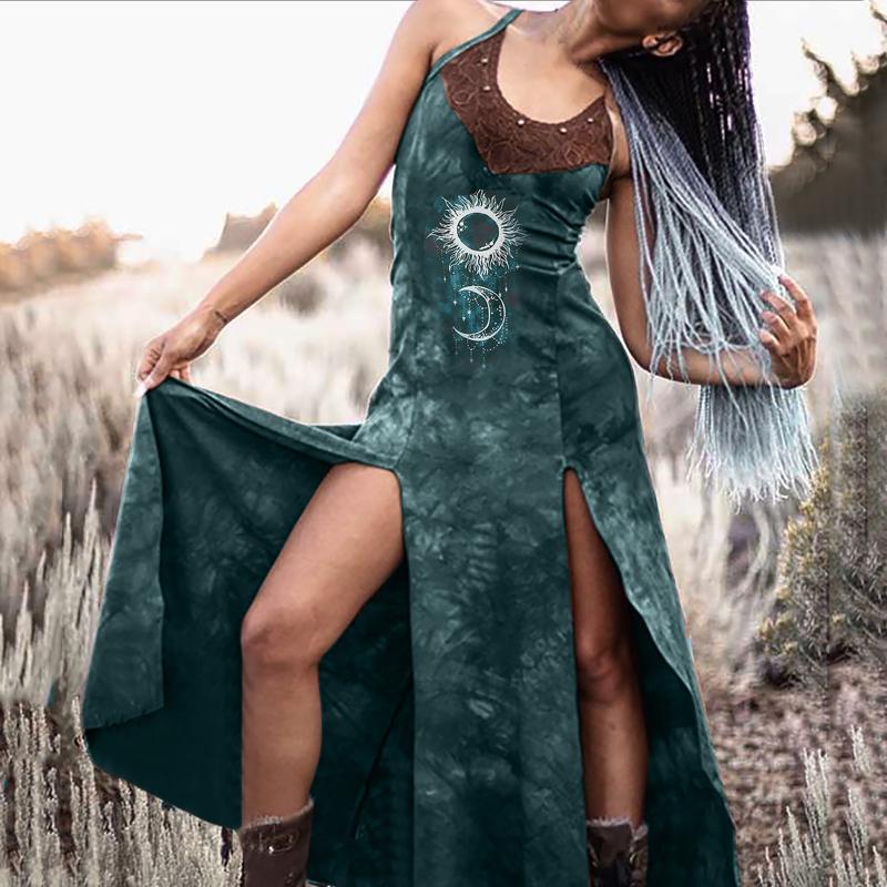 Dress Women Summer Retro Dyeing Lace Print Split Dresses Sexy Long Slip Undefined Elegant For Casual