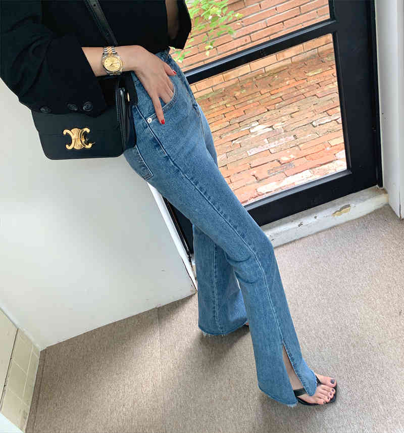 Vintage Work High Waist Flare Pants Women OL Skinny Denim Arrival Autumn Spring Jeans Trousers Femme 210421