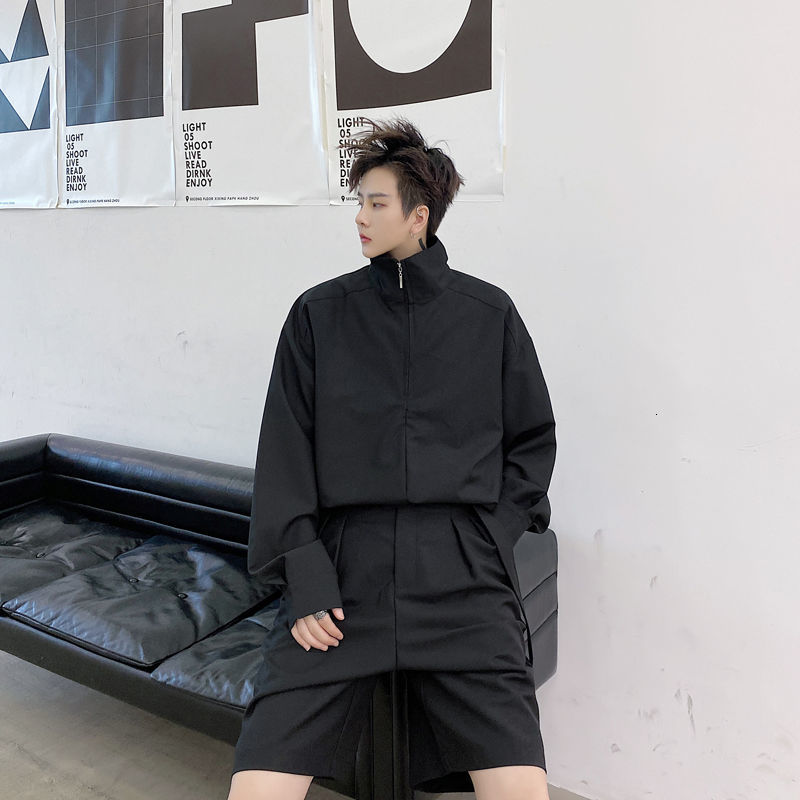 IEFB Spring Men's Wear Stand Collar Zipper Loose Causal Pullover Long Sleeve Shirt + Shorts With Belt Suit Two Pieces Set 210524