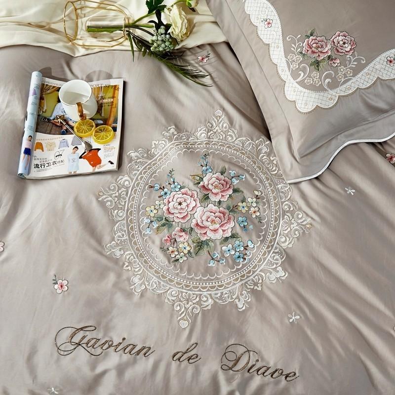 Premium Egyptian Cotton Floral Embroidery Bedding Set Yellow Grey Vintage Duvet Cover Bed Sheet Pillowcases Queen King Size 4Pcs Sets