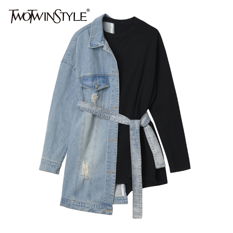 Hit Color Casual Jacket For Women Lapel Long Sleeve Lace Up Patchwork Denim Korean Jackets Female Fashion 210524, Black 
Hit Color Casual Jacket For Women Lapel Long Sleeve Lace Up Patchwork Denim Korean Jackets Female Fashion 210524, Black
