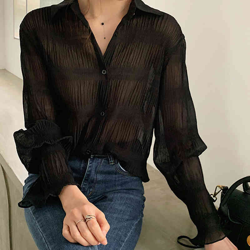 Autumn Women Tops Blouse Casual Flare Long Sleeve Cardigan Shirts Plus Size 4XL Chiffon Ladies' Clothes 8803 210427