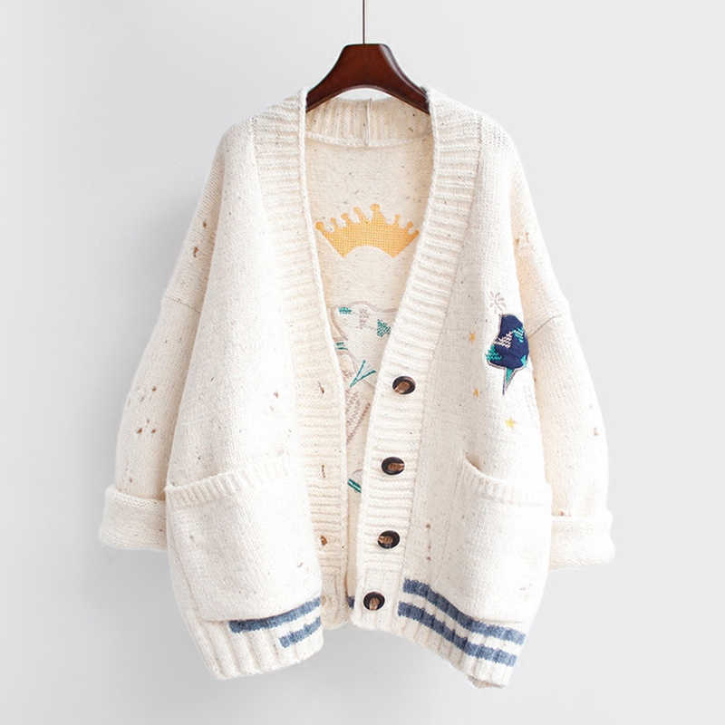 AZYT Women Autumn Winter Knitted Cardigan Cartoon Embroidery Oversize Sweater Coat Harajuku Loose Elegant V Neck Cardigans 211018